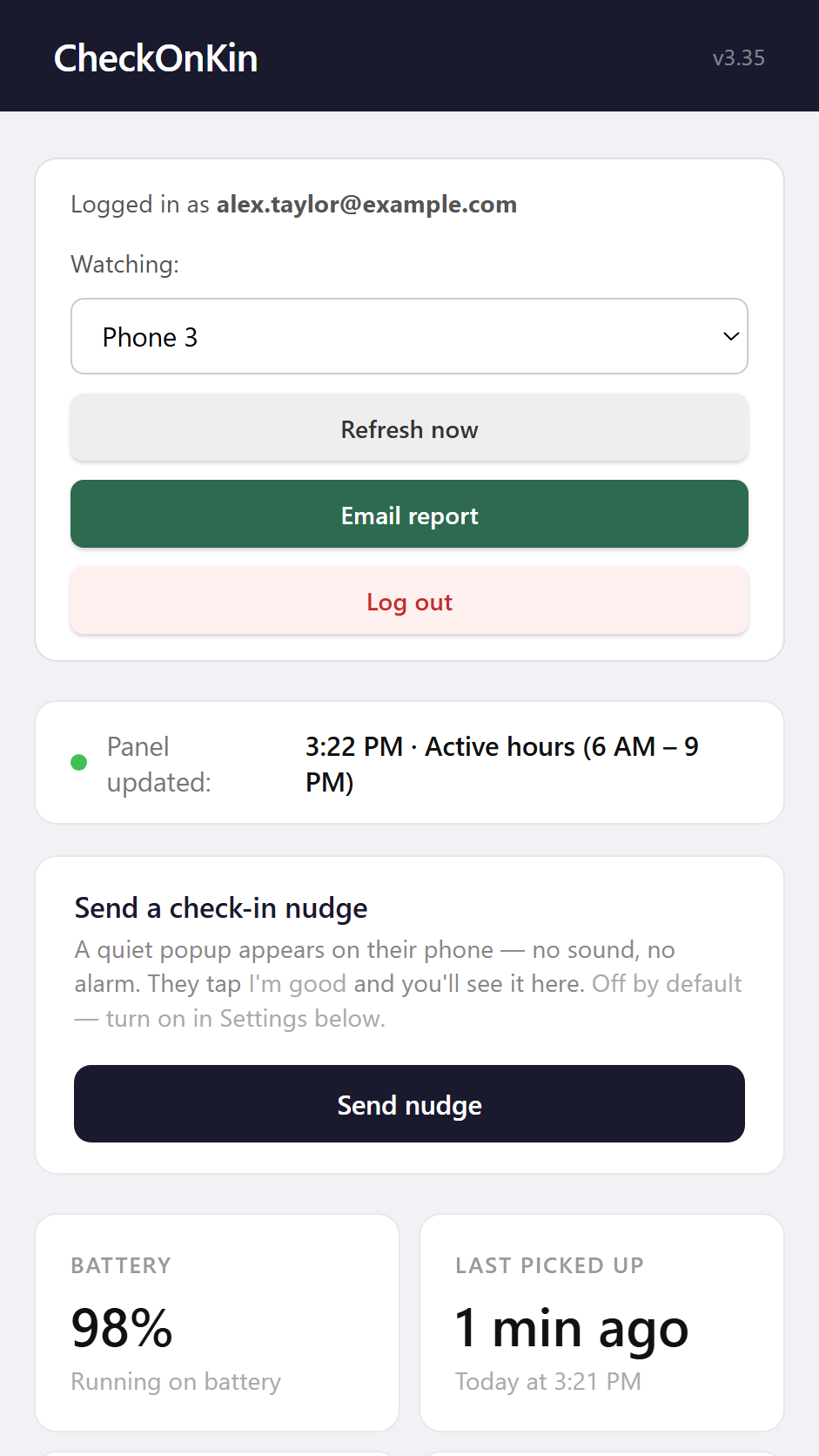 CheckOnKin dashboard