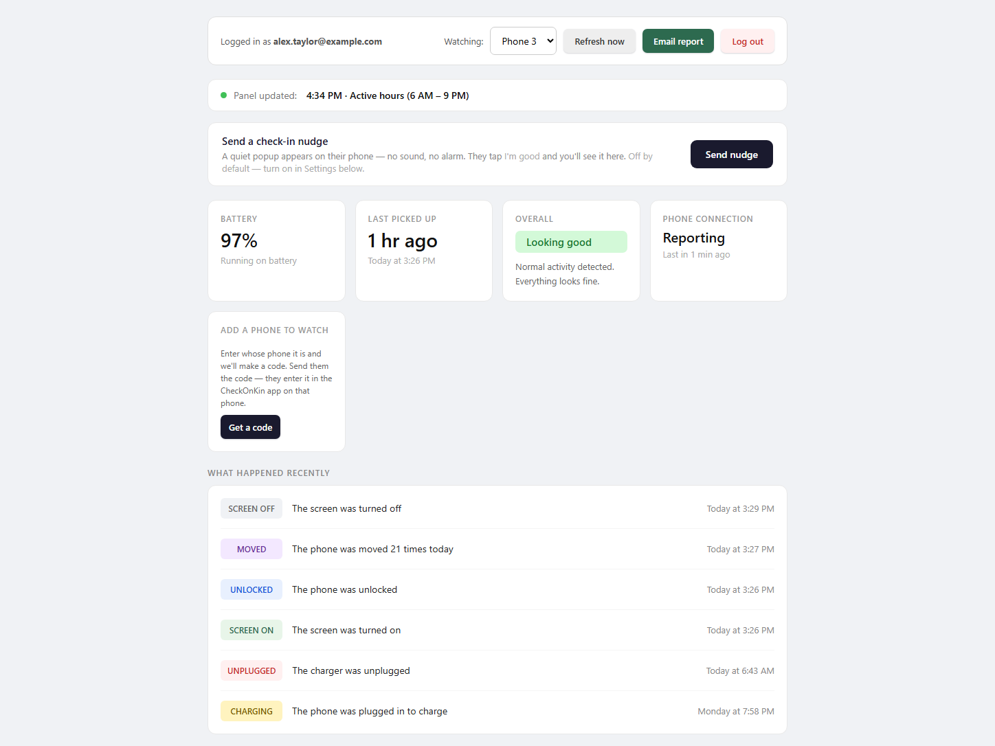 CheckOnKin web dashboard